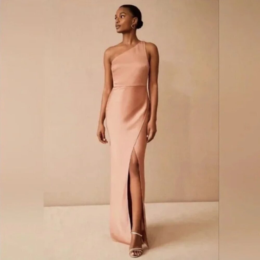 BHLDN Dylan One-Shoulder Satin Side-Slit Gown in Sedona 14